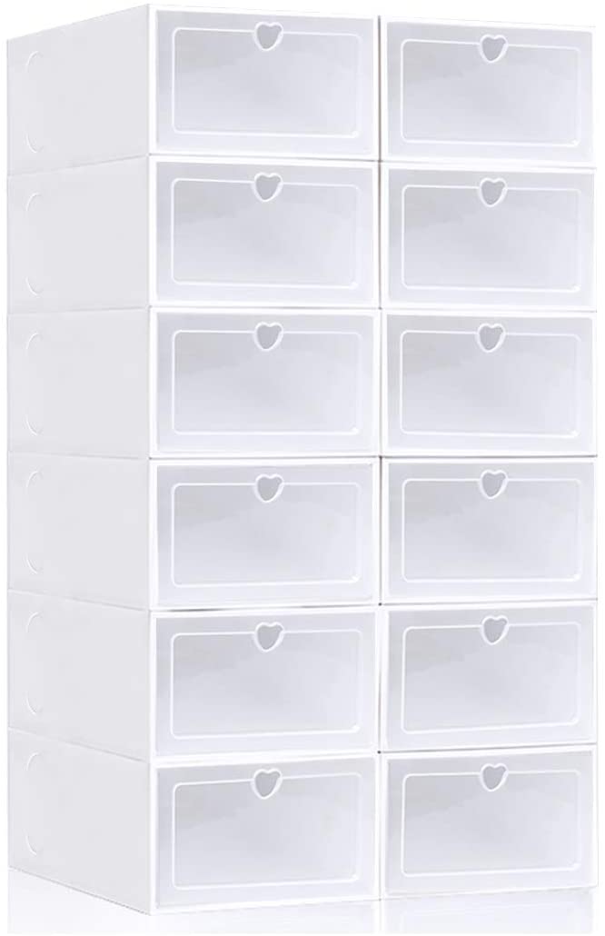Foldable Shoe Box, Stackable Shoe Storage Boxes for Men and Women, Large Shoe Racks Closet Organizer Clear Plastic Shoe Container Organizer for Sneaker (White)